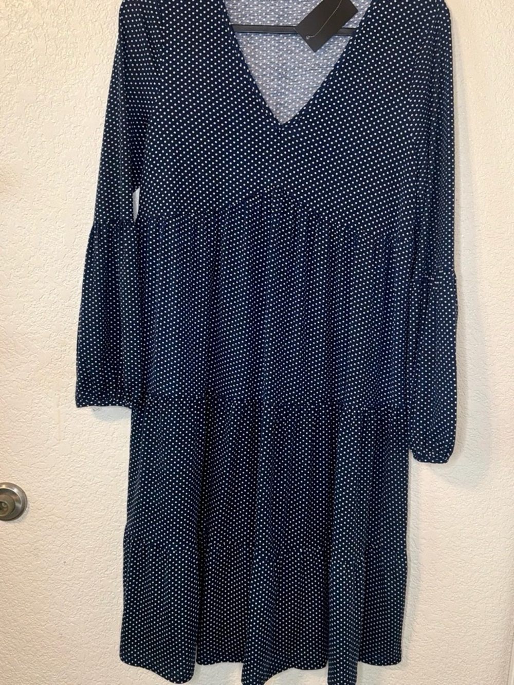 Navy Polka Dot V-Neck Tiered Long-Sleeve Dress